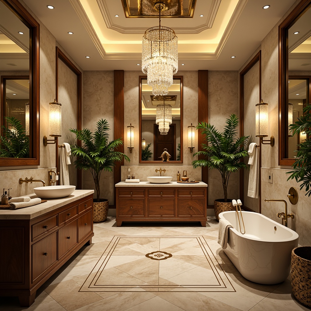 Prompt: Luxurious Art Deco bathroom, ornate gold fixtures, marble countertops, geometric patterned floor tiles, chrome-plated faucets, crystal chandeliers, velvety soft towels, freestanding tubs, minimalist sink vanities, hexagonal mirrors, metallic bronze accents, tropical palm plants, warm beige walls, rich walnut cabinets, sunken ceilings, dramatic lighting, 1/2 composition, shallow depth of field, realistic reflections.