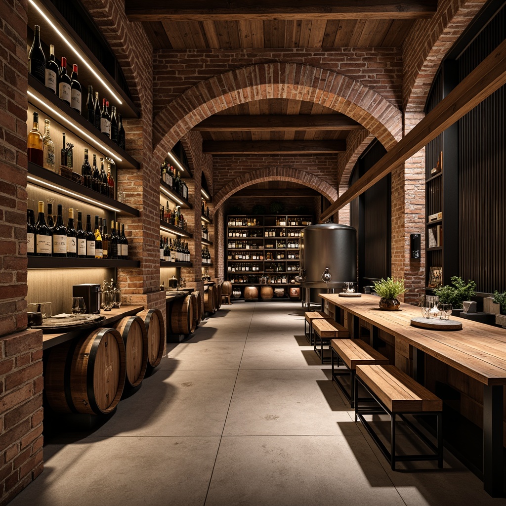 Prompt: Rustic wine cellar, exposed brick walls, concrete floors, steel beams, metal wine racks, wooden barrels, vintage winemaking equipment, dim warm lighting, earthy aromas, stone archways, distressed wood accents, industrial metal doors, urban loft atmosphere, reclaimed wood shelving, rich leather textures, sophisticated color palette, dramatic high ceilings, modern minimalist decor, sleek stainless steel tanks, elegant glassware displays, atmospheric shadows, 3/4 composition, low-key lighting.