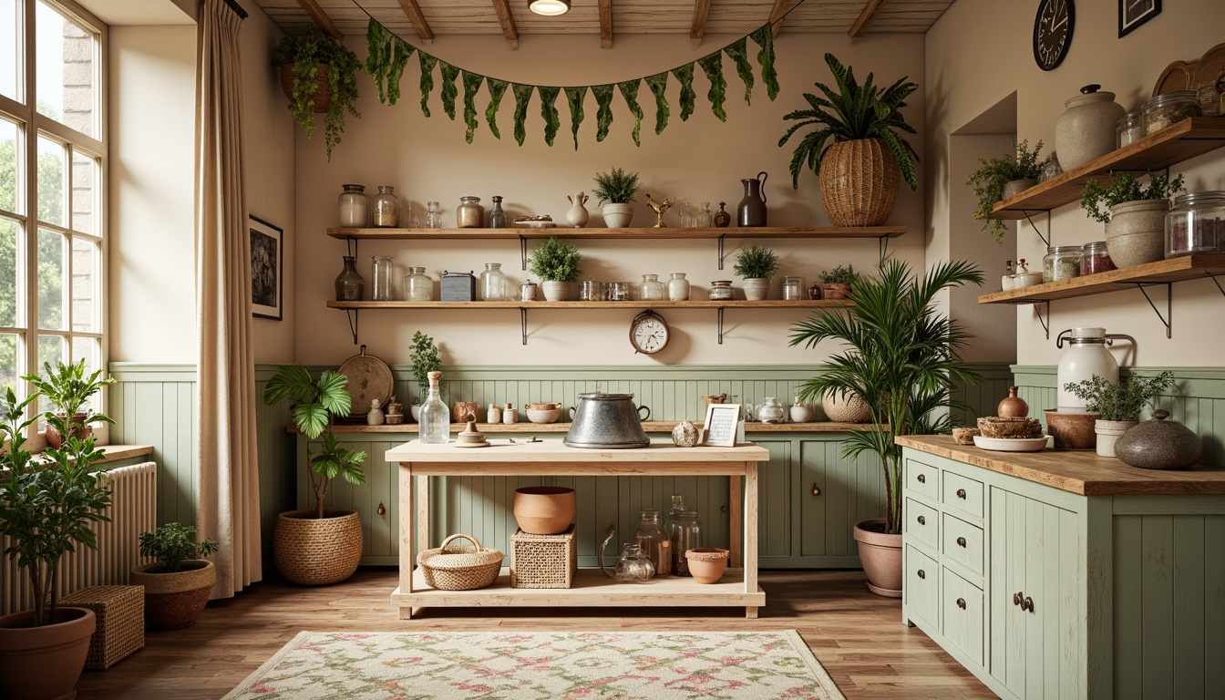 Prompt: Warm beige walls, soft sage green accents, distressed wood furniture, vintage medical equipment, antique apothecary jars, floral patterns, pastel pink hues, creamy whites, rustic metal fixtures, natural linen textiles, woven baskets, earthy terracotta pots, lush greenery, warm golden lighting, shallow depth of field, 1/1 composition, realistic textures, ambient occlusion.Please let me know if this meets your expectations!