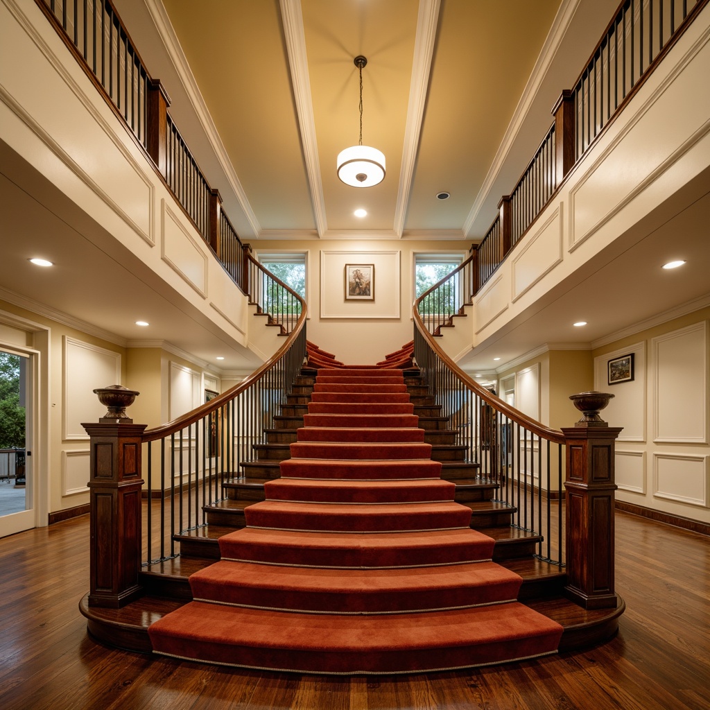 Prompt: Richly varnished wooden handrail, elegant curved staircase design, luxurious velvet carpeting, warm golden lighting, creamy white wall accents, soft beige ceiling tones, dark walnut wood treads, ornate metal balusters, classic traditional architecture, inviting foyer atmosphere, dramatic high ceilings, symmetrical composition, 1/2 perspective view, subtle gradient effects, realistic wood textures, atmospheric depth of field.