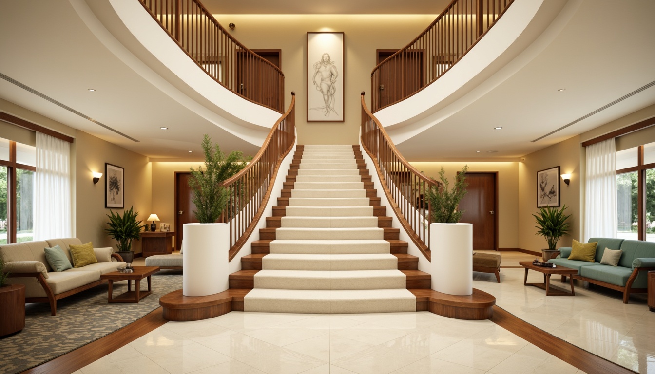 Prompt: Elegant staircase, curved banister, polished wooden steps, luxurious carpeting, soft cream walls, rich walnut railings, warm golden lighting, subtle texture contrasts, inviting seating areas, minimalist decor, calming atmosphere, natural material fusion, earthy tone accents, creamy whites, warm beige, soft sage green, gentle turquoise, creamy wood tones, subtle gradient effects, realistic reflections, shallow depth of field, 1/1 composition, soft focus, warm ambient lighting.