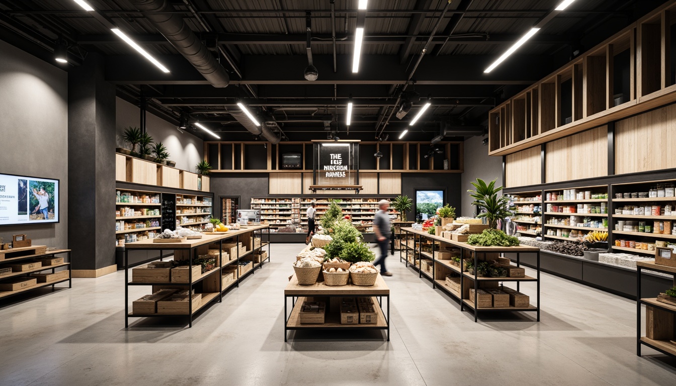 Prompt: Minimalist grocery store interior, industrial metal shelving units, sleek wooden accents, sparse product arrangement, monochromatic color scheme, modern LED lighting, polished concrete floors, open ceiling design, airy atmosphere, 3/4 composition, shallow depth of field, subtle shadows, realistic textures, ambient occlusion, suspended signage, geometric patterns, clean lines, functional simplicity.