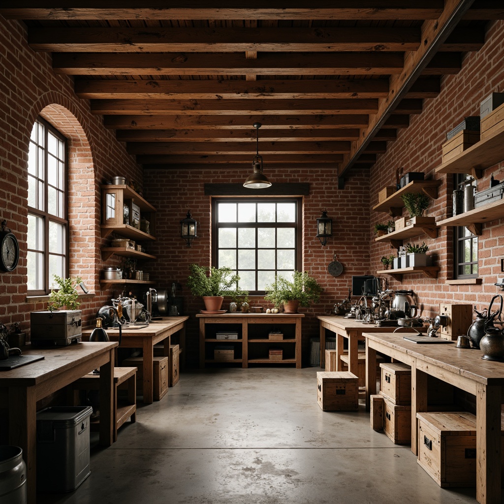 Prompt: Rustic family garage, wooden workbenches, metal toolboxes, distressed wood textures, earthy color palette, vintage machinery, antique tools, wooden crates, hanging lanterns, exposed brick walls, concrete floors, industrial lighting, warm soft focus, shallow depth of field, 1/1 composition, realistic rusty metals, ambient occlusion.