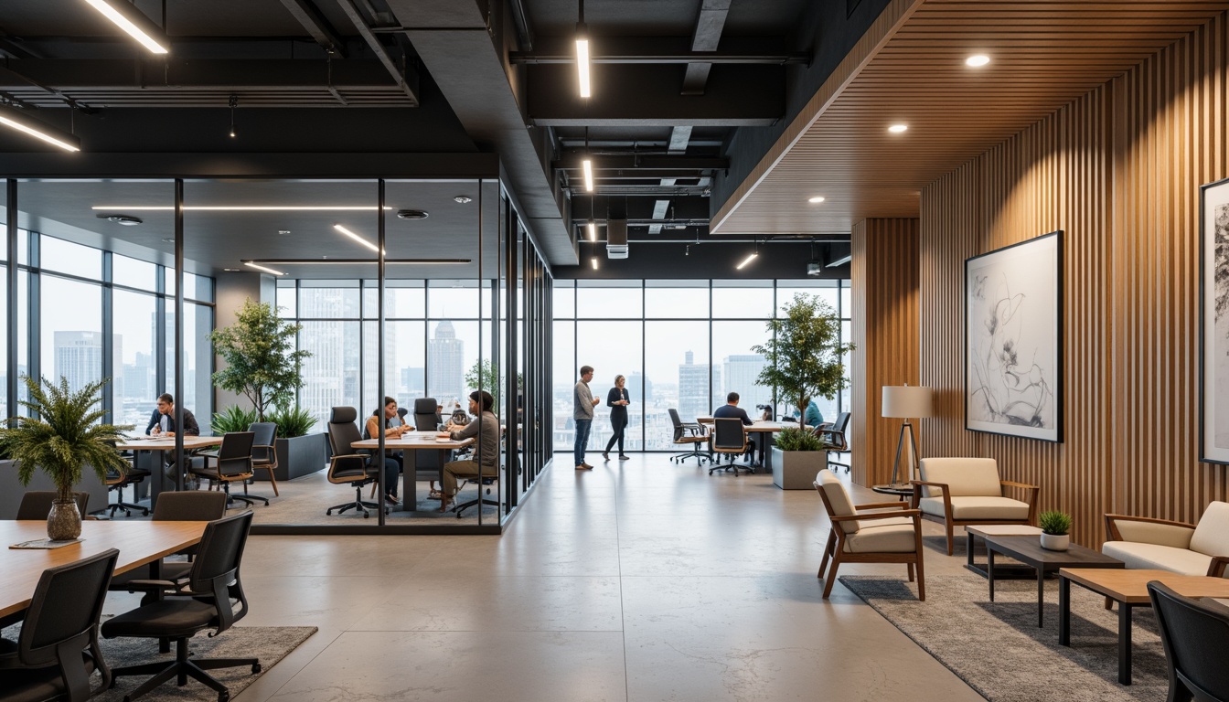 Prompt: Modern corporate office, sleek glass facades, minimalist interior design, open floor plans, collaborative workspaces, wooden accents, ergonomic furniture, abstract artwork, natural stone floors, recessed lighting, 3/4 composition, shallow depth of field, panoramic view, realistic textures, ambient occlusion.