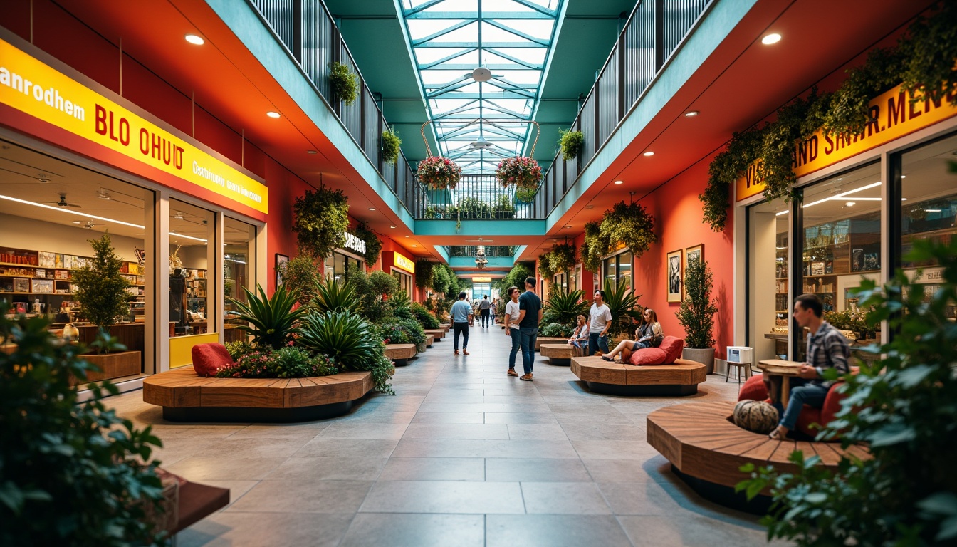 Prompt: Vibrant shopping center, eclectic style, bold color palette, bright coral walls, turquoise accents, yellow neon signs, retro-futuristic architecture, sleek metal railings, polished concrete floors, lush greenery, potted plants, hanging flower baskets, rustic wooden benches, industrial-style lighting fixtures, warm softbox lighting, shallow depth of field, 1/1 composition, realistic textures, ambient occlusion.