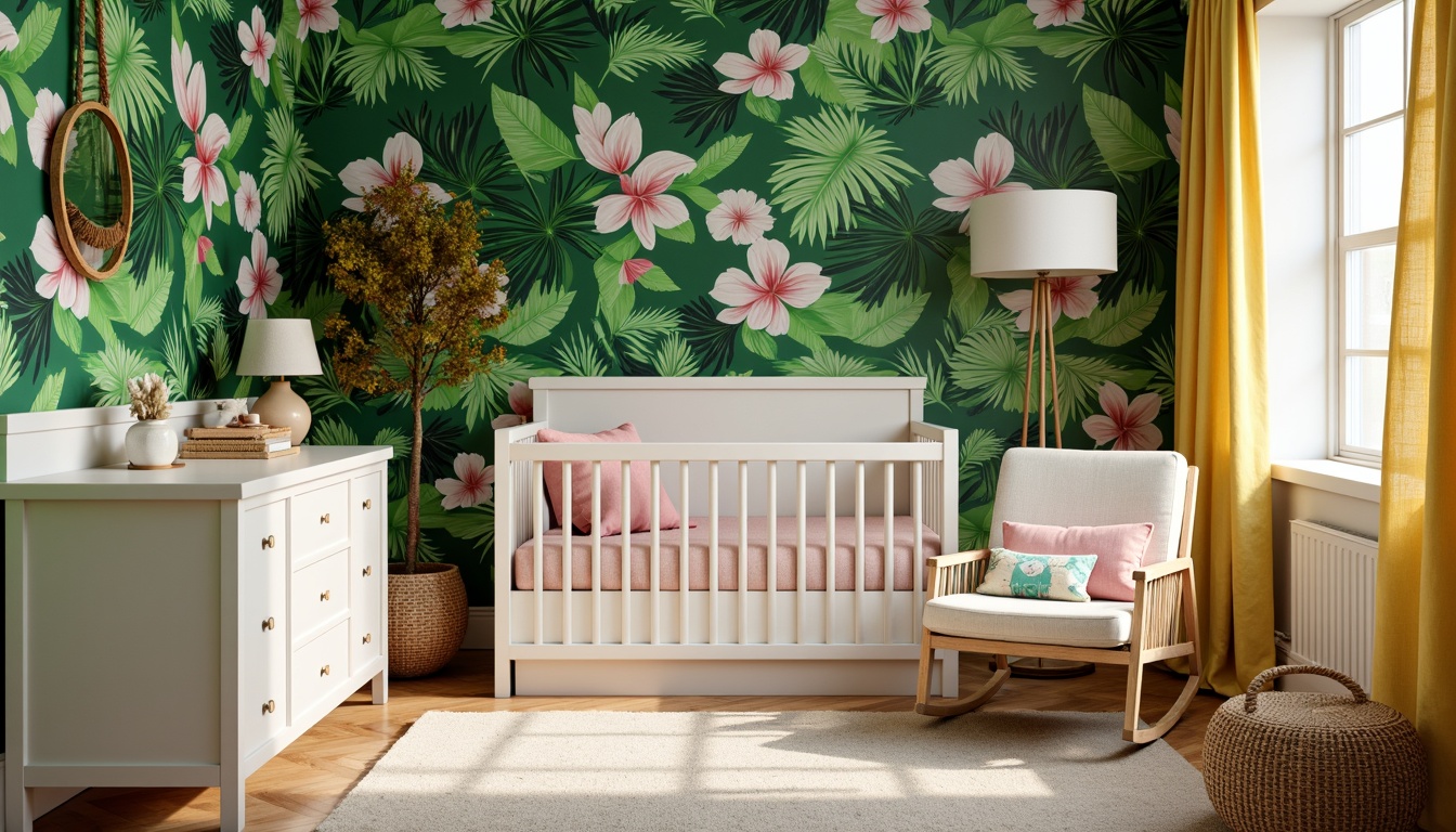 Prompt: Vibrant tropical nursery, lush green walls, exotic floral patterns, soft cotton fabrics, pastel pink accents, creamy white furniture, natural wood crib, woven rattan rocking chair, colorful tassel trim, playful jungle animals, sunny yellow drapes, billowy white curtains, warm beige carpet, textured linen upholstery, organic cotton bedding, gentle ambient lighting, 1/2 composition, intimate framing, soft focus, realistic textures.