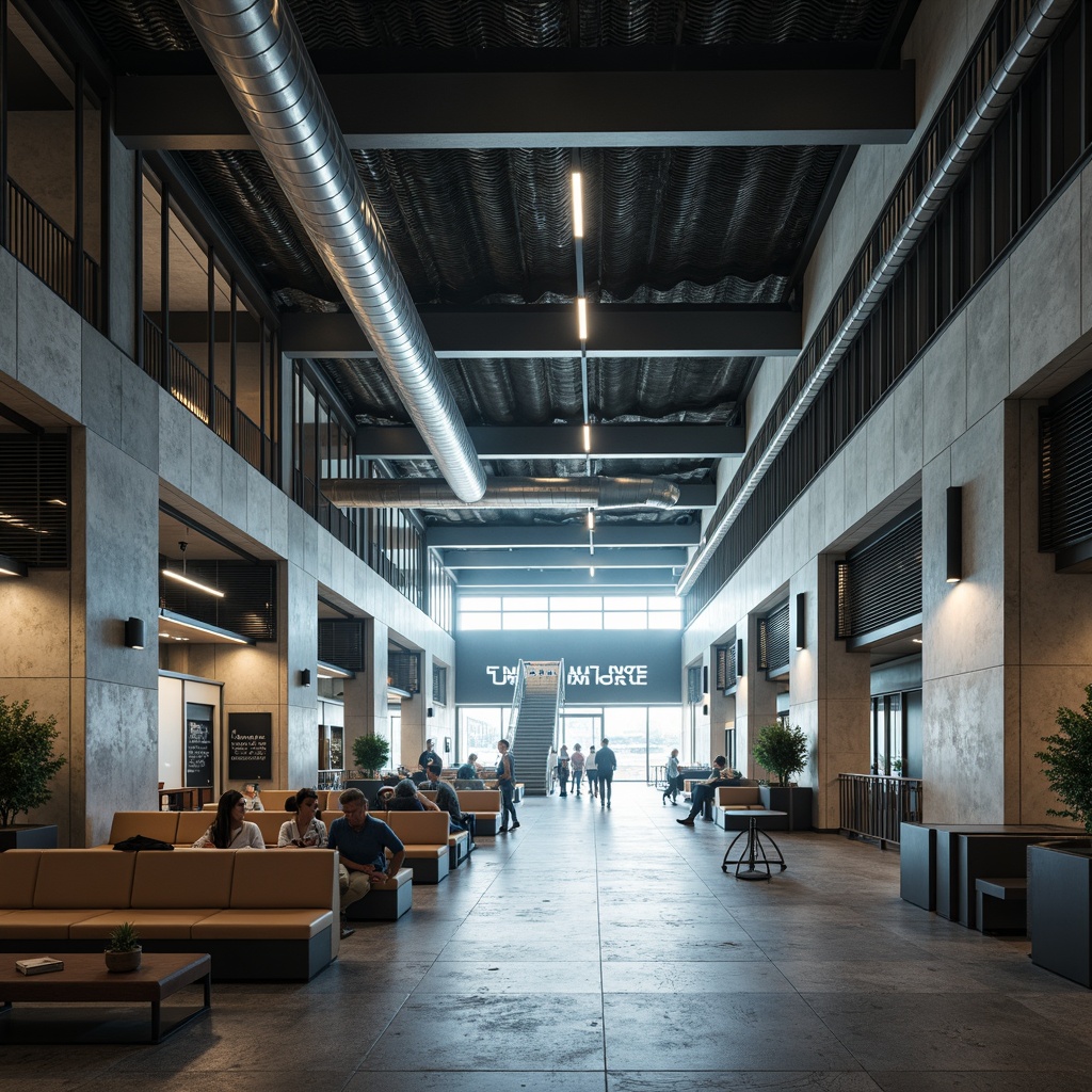 Prompt: Exposed ductwork, industrial pipes, raw concrete walls, steel beams, metal grates, brutalist architecture, airport interior design, urban aesthetics, modern lighting fixtures, minimalist seating areas, functional decor, airport signage, wayfinding systems, natural stone flooring, polished metal accents, atmospheric misting, dramatic high ceilings, vast open spaces, geometric shapes, industrial textures, moody color palette, low-key ambient lighting, 1/2 composition, cinematic perspective, realistic renderings.