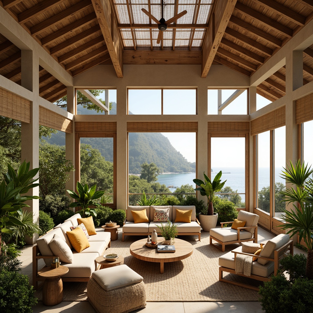 Prompt: Luminous tropical interior, vaulted ceilings, natural wood accents, woven rattan furniture, lush greenery, potted palms, vibrant floral patterns, earthy tone color palette, soft diffused light, clerestory windows, sliding glass doors, ocean views, seaside ambiance, warm beige walls, organic textures, natural fibers, woven bamboo blinds, delicate linen fabrics, airy atmosphere, relaxed casual vibe, 1/1 composition, soft focus effect.