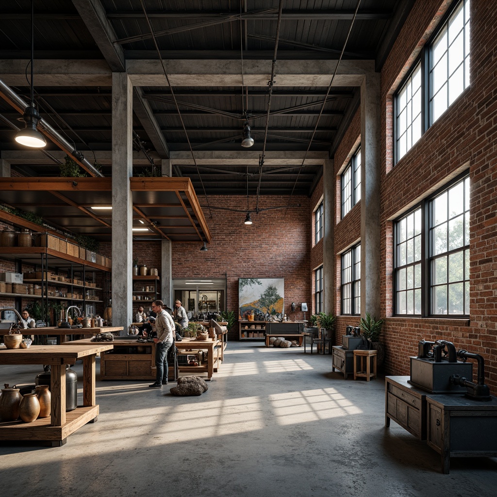 Prompt: Industrial workshop interior, exposed brick walls, metal beams, concrete floors, functional lighting, industrial equipment, machinery, metallic colors, dark greys, deep blues, warm neutrals, earthy tones, rugged textures, distressed finishes, worn wood accents, vintage industrial decor, reclaimed materials, natural ventilation, high ceilings, overhead cranes, functional shelving, raw concrete columns, steel beams, matte black metalwork, warm task lighting, subtle color contrasts, 3/4 composition, realistic textures, ambient occlusion.