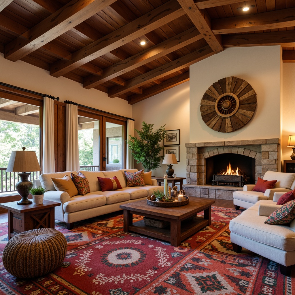 Prompt: Cozy family room, southwestern decor, vibrant Navajo patterned rugs, plush sectional sofas, comfortable accent chairs, rich wood coffee tables, warm earthy tones, natural stone fireplaces, woven baskets, colorful kilim throw pillows, rustic wooden wall art, soft warm lighting, shallow depth of field, 2/3 composition, intimate atmosphere, realistic textures, ambient occlusion.