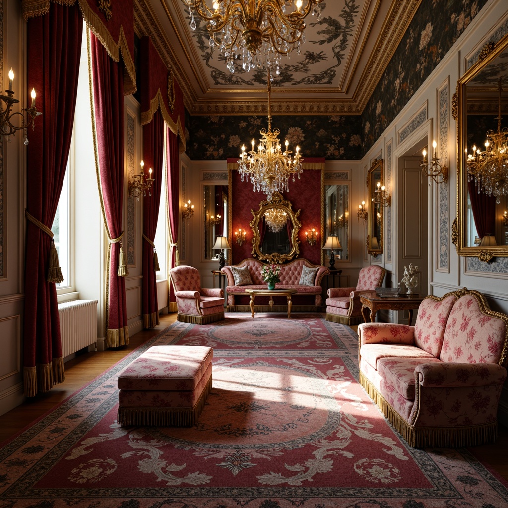 Prompt: Luxurious Rococo interior, intricately patterned fabrics, velvet drapes, silk upholstery, ornate gold accents, delicate lace trimmings, tufted ottomans, carved wooden furniture, gilded mirrors, crystal chandeliers, richly colored tapestries, heavy brocade curtains, soft warm lighting, shallow depth of field, 3/4 composition, realistic textures, ambient occlusion.