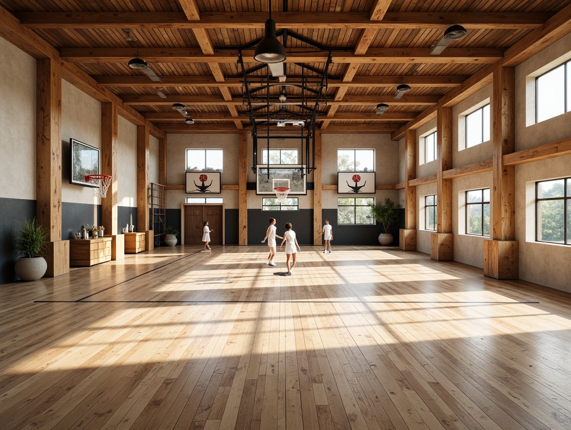 Prompt: Rustic gymnasium interior, vernacular style, reclaimed wood flooring, distressed wooden planks, warm beige tones, natural texture, matte finish, athletic equipment, basketball hoops, volleyball nets, sports-themed decor, industrial metal beams, exposed ductwork, high ceilings, large windows, soft natural lighting, shallow depth of field, 1/2 composition, realistic textures, ambient occlusion.