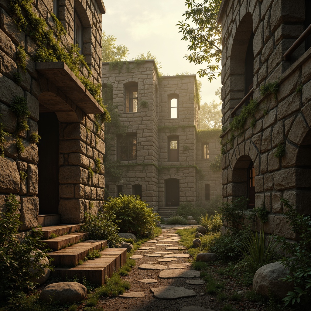 Prompt: Weathered stone walls, rugged rock formations, ancient ruins, mysterious artifacts, overgrown vegetation, misty atmosphere, warm golden lighting, high contrast ratio, strong depth cues, detailed normal maps, intricate texture patterns, earthy color palette, natural erosion effects, worn wooden planks, rusty metal accents, atmospheric perspective, cinematic composition, shallow focus, realistic material responses.