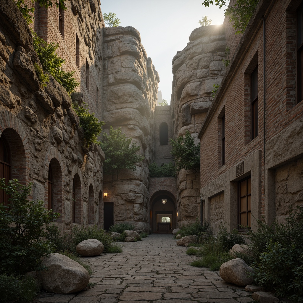 Prompt: Rugged rocky cliffs, weathered stone walls, worn wooden planks, distressed metal sheets, rough-hewn brick facades, intricate stone carvings, ancient ruins, mystical atmosphere, soft misty lighting, warm golden hour, shallow depth of field, 1/1 composition, realistic textures, ambient occlusion.