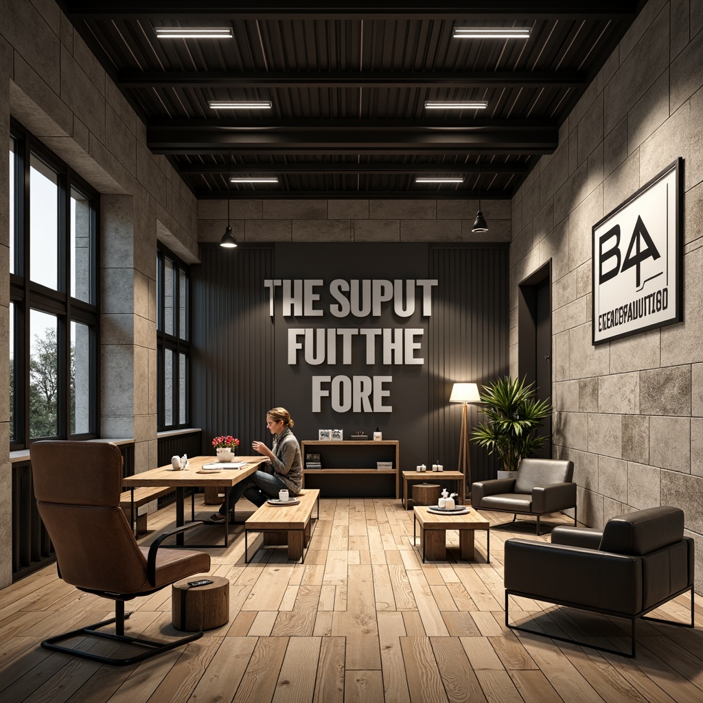 Prompt: Rustic wooden flooring, industrial metal beams, minimalist decor, monochromatic color scheme, bold typography, geometric patterns, sleek lines, functional furniture, tubular steel chairs, leather upholstery, brutalist concrete walls, raw stone accents, warm ambient lighting, shallow depth of field, 2/3 composition, realistic textures, subtle shadows.