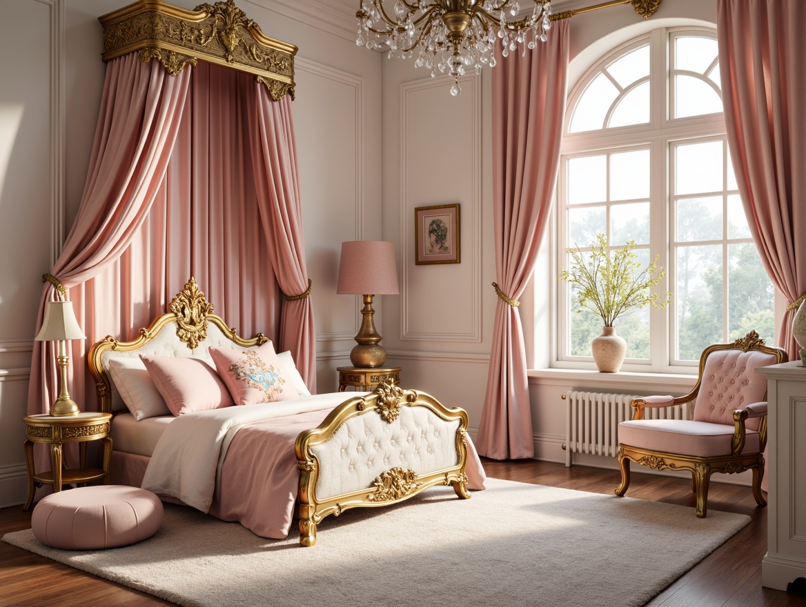 Prompt: \Whimsical kids' room, ornate Rococo furniture, soft pastel colors, velvet fabrics, golden accents, carved wooden details, delicate patterns, tufted upholstery, canopy bed, plush area rug, intricate moldings, crystal chandelier, morning sunlight, warm cozy atmosphere, shallow depth of field, 1/1 composition, realistic textures, ambient occlusion.\