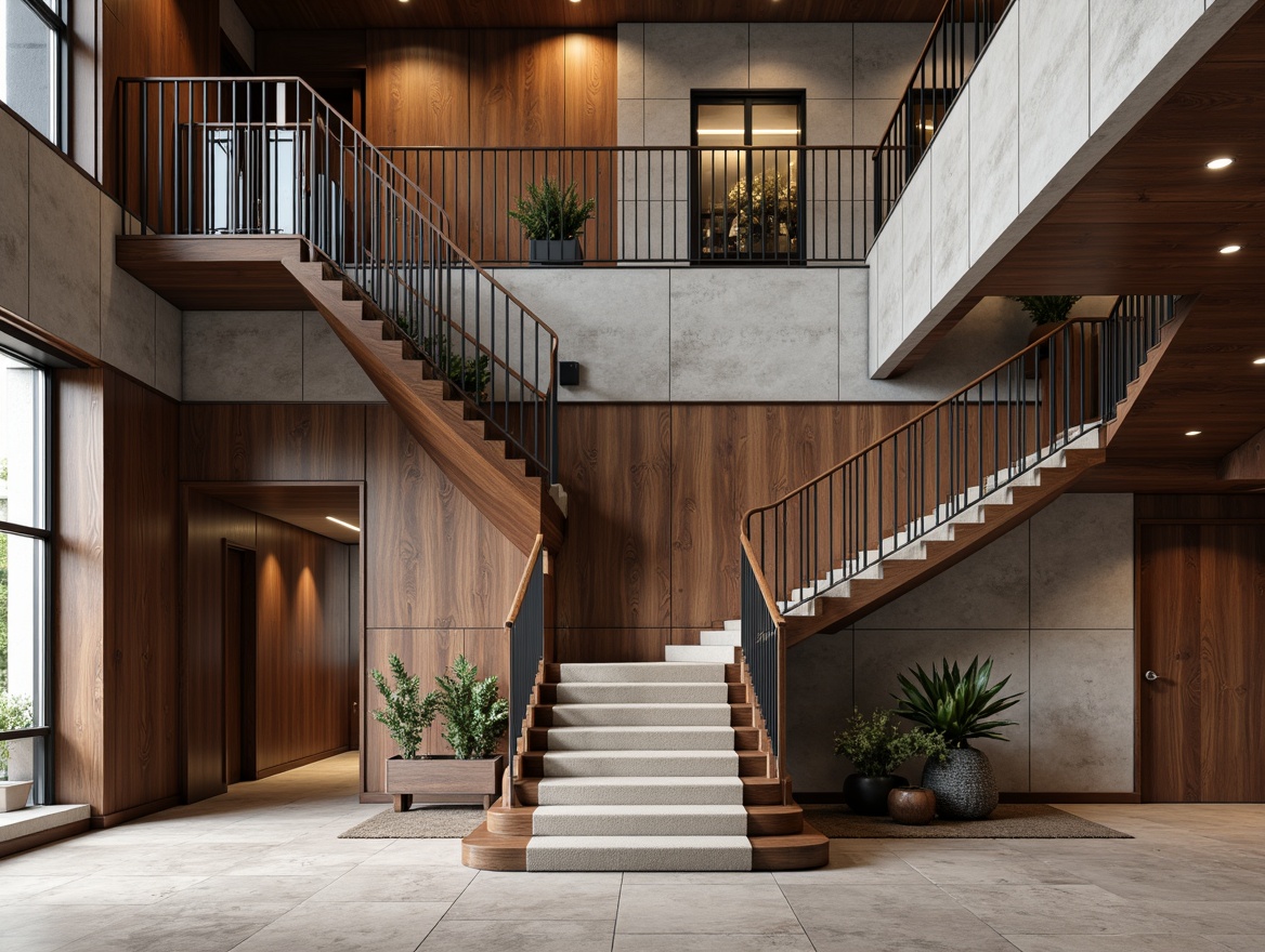 Prompt: Luxurious staircase, rich wood tones, polished metal railings, soft carpeted steps, cool marble landings, industrial-style concrete walls, modern minimalist design, sleek glass balustrades, warm LED lighting, dramatic shadows, contrasting textures, rustic stone accents, ornate metalwork, grand curved lines, spacious open floor plan, high ceilings, airy atmosphere, natural light pouring in, 1/1 composition, shallow depth of field, realistic reflections.