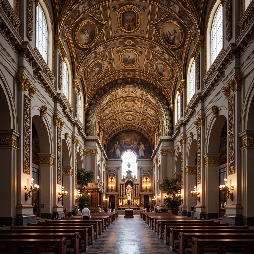 Prompt: Grand Renaissance church, ornate vaulted ceilings, gilded frescoes, intricate stucco decorations, Baroque architectural details, arched windows, stained glass, marble floors, ornate pulpits, decorative altarpieces, golden chandeliers, soft warm lighting, dramatic shadows, high contrast ratio, 1/1 composition, symmetrical framing, realistic textures, ambient occlusion.