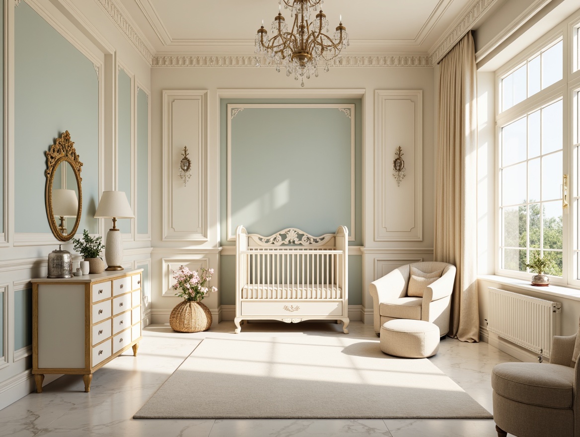 Prompt: Soft cream walls, delicate pale blue accents, warm beige furniture, subtle gold leaf details, ornate white crib, luxurious velvet fabrics, intricate wooden carvings, classical motifs, gentle natural light, creamy marble floors, elegant crystal chandeliers, soothing pastel colors, serene atmosphere, shallow depth of field, 1/1 composition, warm soft focus.