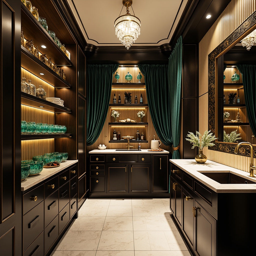 Prompt: Luxurious Art Deco pantry, metallic gold accents, rich wood tones, ornate geometric patterns, bold black and white contrast, sophisticated cabinetry, crystal chandeliers, luxurious marble countertops, vibrant turquoise glassware, polished chrome hardware, opulent velvet drapes, warm soft lighting, shallow depth of field, 1/2 composition, realistic textures, ambient occlusion.