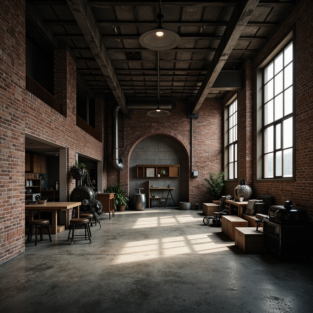 Prompt: Urban industrial landscape, converted warehouse, exposed brick walls, metal beams, concrete floors, reclaimed wood accents, vintage machinery, metal pipes, industrial lighting fixtures, distressed textures, gritty urban atmosphere, moody color palette, dramatic shadows, high contrast ratio, cinematic composition, realistic materials, ambient occlusion.