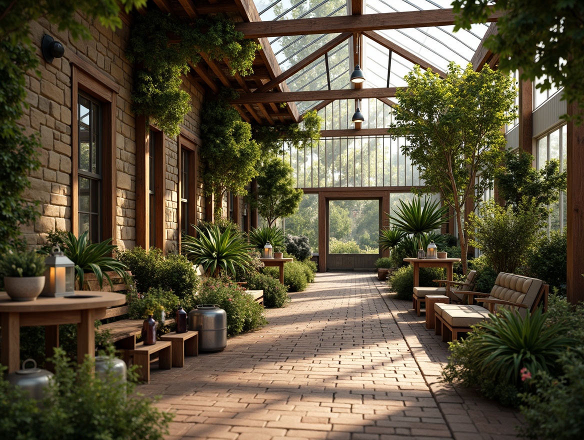 Prompt: Rustic greenhouse, natural stone walls, wooden beams, lush greenery, tropical plants, vines, flowers, warm sunlight, soft diffused lighting, dappled shadows, earthy tones, reclaimed wood accents, metal lanterns, distressed finishes, organic textures, worn brick pathways, vintage gardening tools, cozy nooks, comfortable seating areas, warm color palette, inviting atmosphere, 1/1 composition, shallow depth of field, realistic renderings.