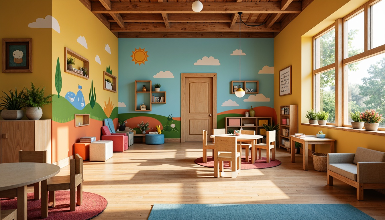 Prompt: Vibrant kindergarten interior, colorful wall murals, soft warm lighting, cozy reading nooks, wooden furniture, playful rug patterns, circular tables, tiny chairs, educational decorations, interactive displays, natural wood accents, eco-friendly materials, energy-efficient LED lights, gentle diffuse illumination, shallow depth of field, 1/1 composition, realistic textures, ambient occlusion, bright sunny day, happy atmosphere.