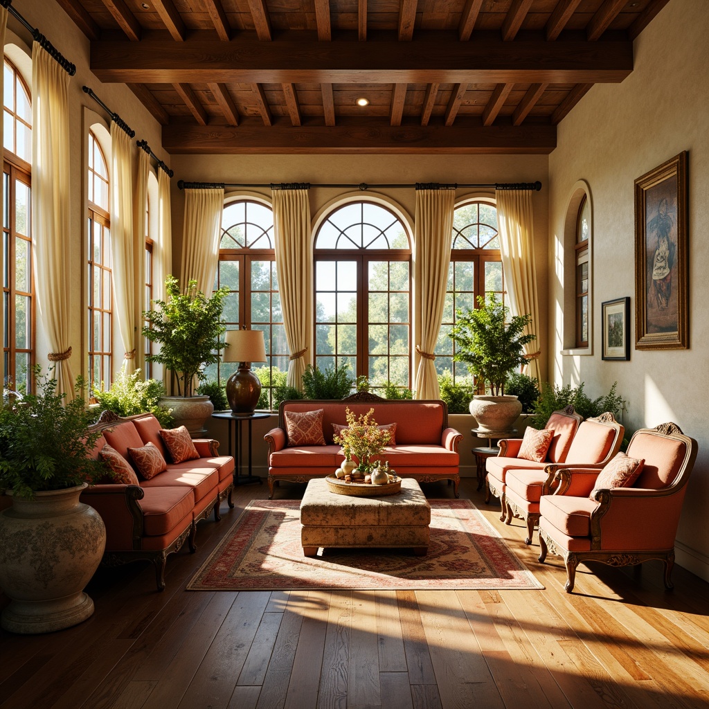 Prompt: Renaissance-style sunroom, warm beige walls, rich wooden floors, elegant arched windows, soft creamy curtains, ornate vintage furniture, plush velvet sofas, intricately carved wooden chairs, antique bronze lamps, lush greenery, blooming flowers, natural stone planters, distressed leather ottomans, luxurious silk throw pillows, rustic wooden coffee tables, warm golden lighting, shallow depth of field, 3/4 composition, realistic textures, ambient occlusion.