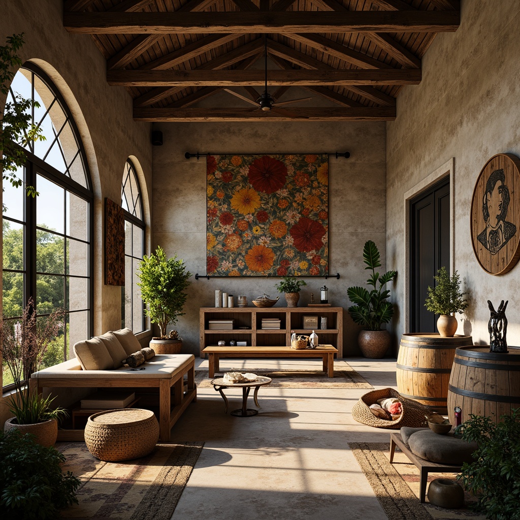 Prompt: Rustic winery, vintage wine barrels, distressed wooden accents, eclectic art pieces, ornate metalwork, lush greenery, soft warm lighting, shallow depth of field, 3/4 composition, panoramic view, realistic textures, ambient occlusion, earthy color palette, natural stone walls, reclaimed wood floors, industrial-chic decor, abstract sculptures, colorful tapestries, unique artifacts, cozy nooks, intimate seating areas, wine-themed accessories.