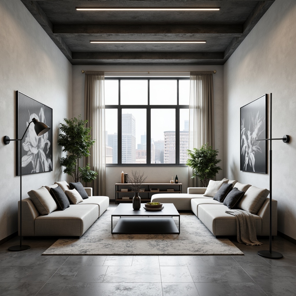 Prompt: Simple modern living room, minimalist furniture, sleek low-profile sofas, compact coffee tables, floor lamps, industrial metal shelves, monochromatic color scheme, polished concrete floors, large windows, natural light, urban city view, functional decor, geometric patterns, subtle textures, 1/1 composition, softbox lighting, ambient occlusion.