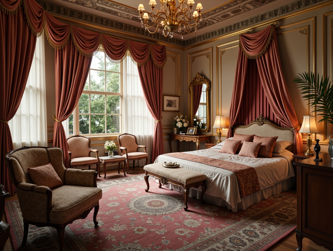 Prompt: Luxurious boudoir, velvet drapes, intricately patterned silk upholstery, golden tassels, ornate carved wooden furniture, soft warm lighting, shallow depth of field, 3/4 composition, intimate setting, plush area rugs, delicate lace trimmings, richly embroidered fabrics, gilded frames, crystal chandeliers, pastel color palette, whimsical curves, ornate mirrors, lavish furnishings, opulent textiles, Baroque-inspired designs.