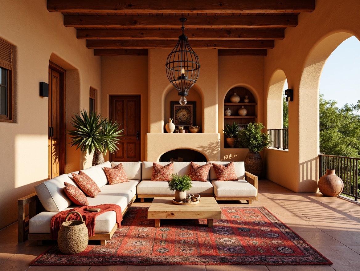 Prompt: Vibrant southwestern-inspired family room, warm earthy tones, rich terracotta flooring, plush area rugs, colorful woven textiles, patterned throw pillows, geometric motif blankets, comfortable sectional sofas, natural wood coffee tables, rustic metal lighting fixtures, adobe-style architecture, stucco walls, arched windows, warm golden lighting, cozy reading nooks, built-in shelving units, decorative pottery vases, lush greenery, cacti plants, sunny day, shallow depth of field, 3/4 composition, panoramic view, realistic textures, ambient occlusion.