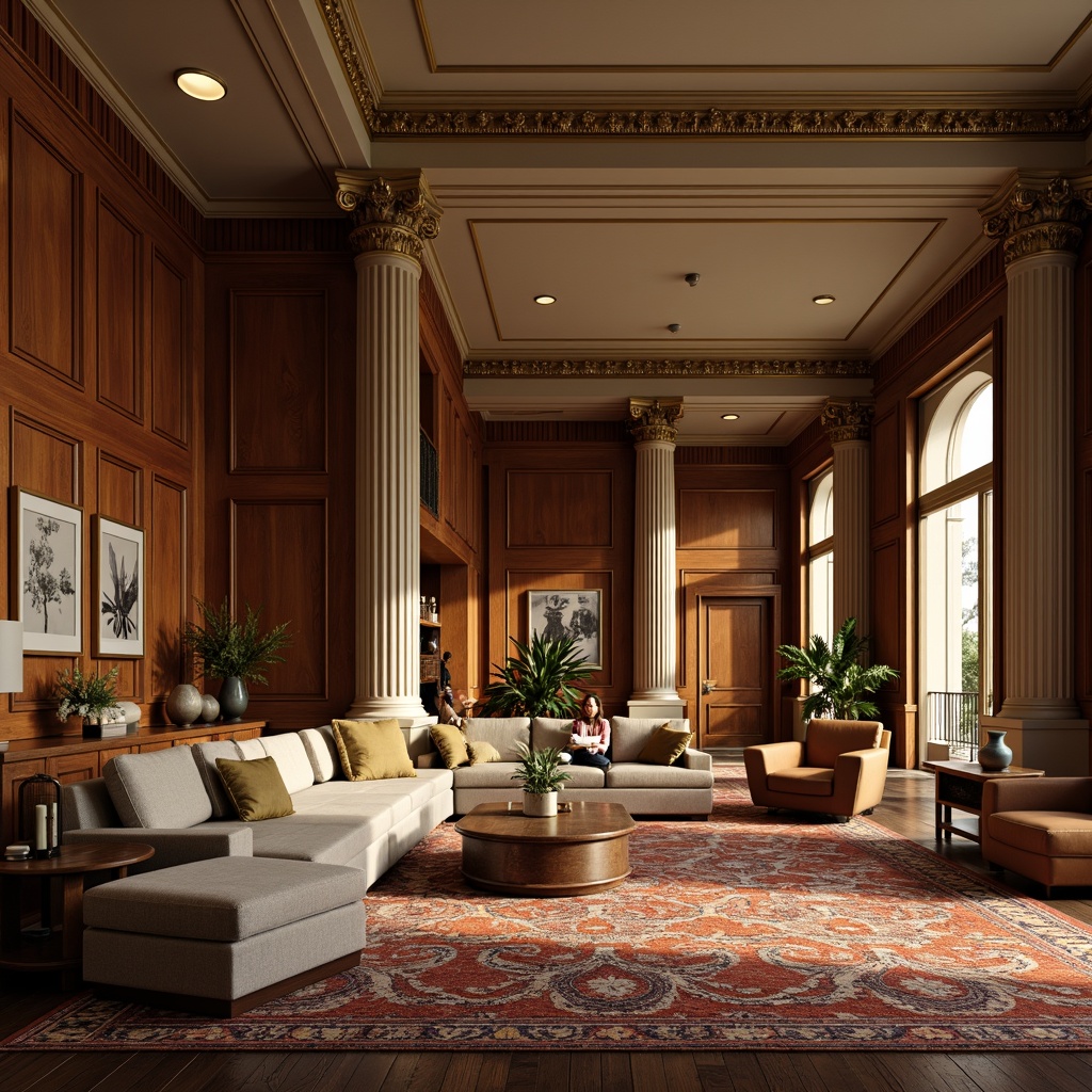 Prompt: Elegant student lounge, rich wood paneling, comfortable sofas, velvet armchairs, ornate coffee tables, luxurious rugs, classic Greek columns, intricate moldings, neutral color palette, warm golden lighting, soft shadows, 1/2 composition, symmetrical balance, realistic textures, ambient occlusion.