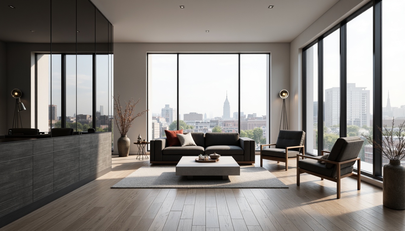 Prompt: Modern apartment interior, sleek lines, minimalist decor, low-profile furniture, monochromatic color scheme, polished wooden floors, geometric-shaped coffee table, velvet upholstered sofa, chrome-accented metal legs, Scandinavian-inspired armchairs, industrial-style pendant lighting, floor-to-ceiling windows, natural light pouring in, urban cityscape view, 1/1 composition, softbox lighting, shallow depth of field, realistic textures.