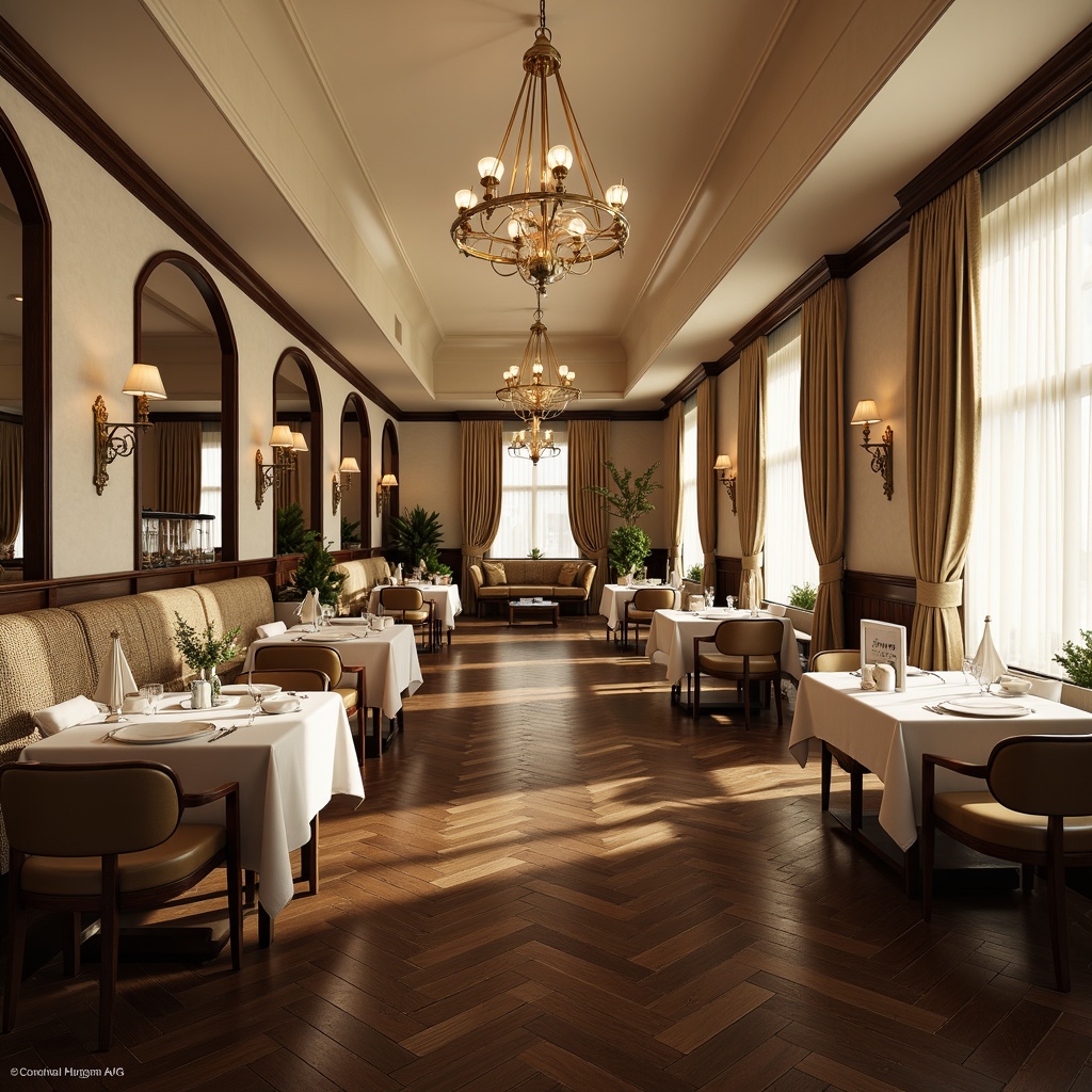 Prompt: Elegant dining hall, transitional style, dark hardwood flooring, rich wood tones, herringbone pattern, soft cream-colored walls, ornate chandeliers, luxurious drapery, formal seating arrangements, grand windows, natural light pouring in, subtle texture variations, refined atmosphere, sophisticated ambiance, 1/2 composition, warm golden lighting, realistic reflections, ambient occlusion.