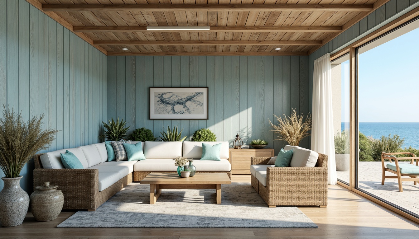 Prompt: Weathered wood accent walls, soft ocean blue hues, natural textures, woven wicker furniture, driftwood decorations, coral-inspired patterns, sea glass vases, beachy vibes, airy open spaces, large windows, sliding glass doors, coastal views, warm sunny days, gentle ocean breezes, relaxed atmosphere, 3/4 composition, shallow depth of field, panoramic view, realistic textures, ambient occlusion.