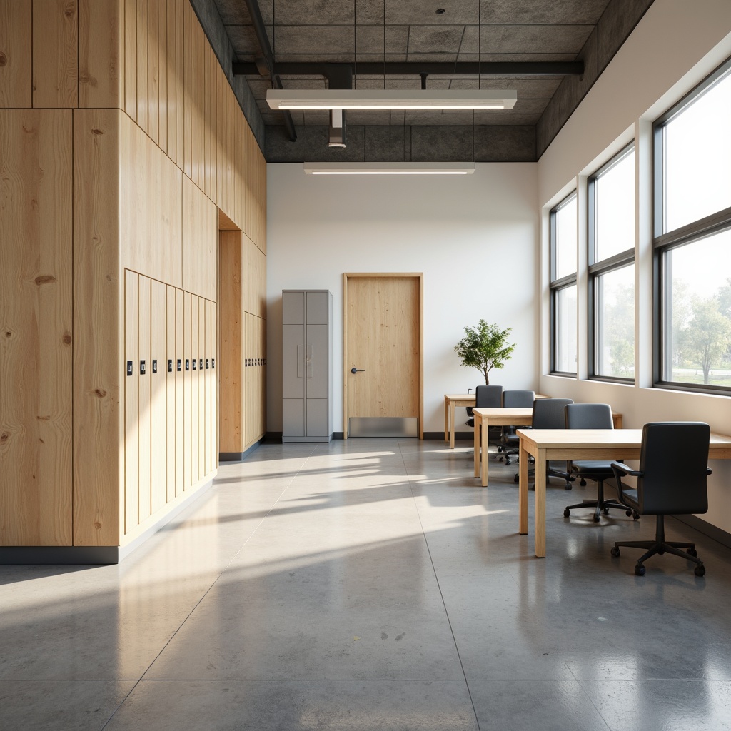 Prompt: Minimalist high school interior, natural wood textures, plain white walls, polished concrete floors, simple metal lockers, industrial-style lighting, modern ergonomic chairs, wooden desks, subtle greenery, ambient softbox lighting, shallow depth of field, 1/1 composition, realistic reflections, soft focus background.