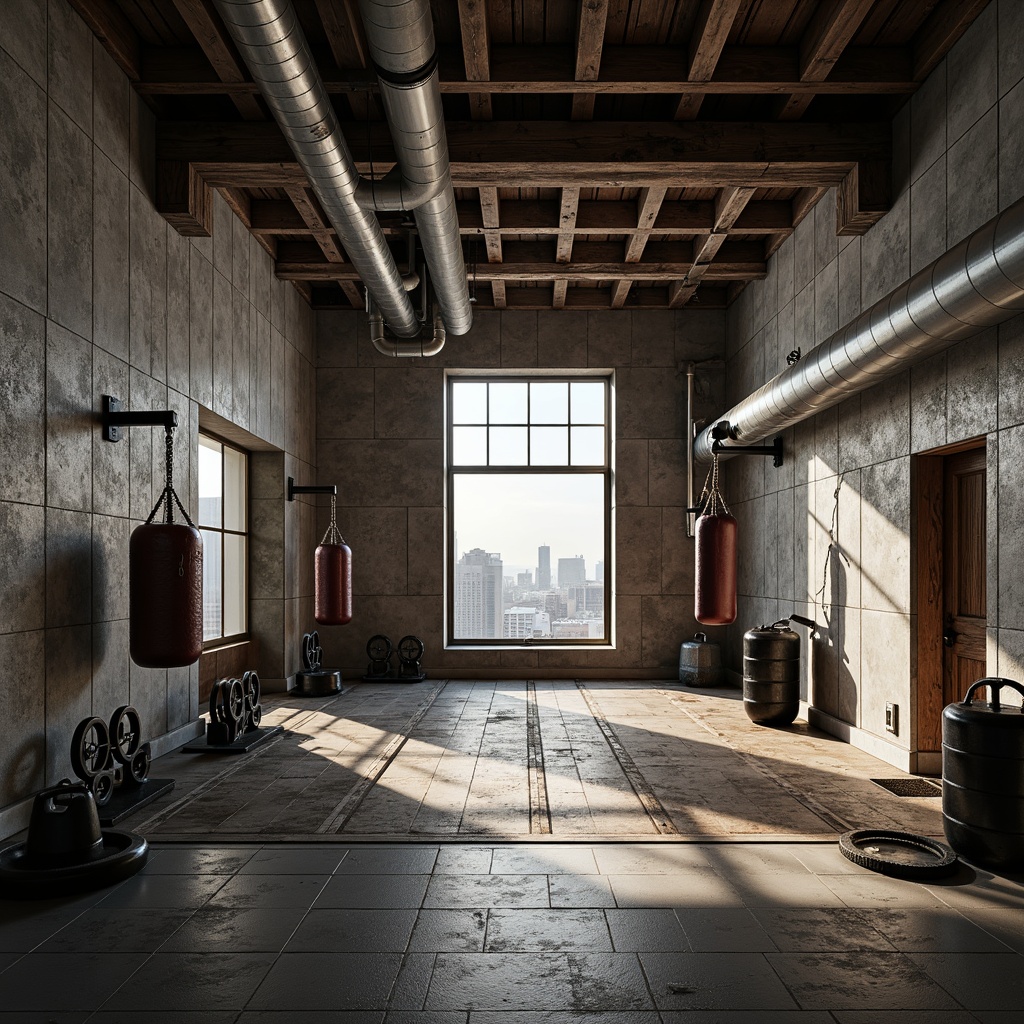 Prompt: Rough-hewn concrete walls, industrial steel beams, distressed wood accents, brutalist architectural style, modern fitness equipment, heavy iron weights, leather-bound boxing rings, reclaimed wooden floors, exposed ductwork, urban cityscape views, high-contrast dramatic lighting, strong shadows, 1/1 composition, low-angle shot, gritty textures, ambient occlusion.