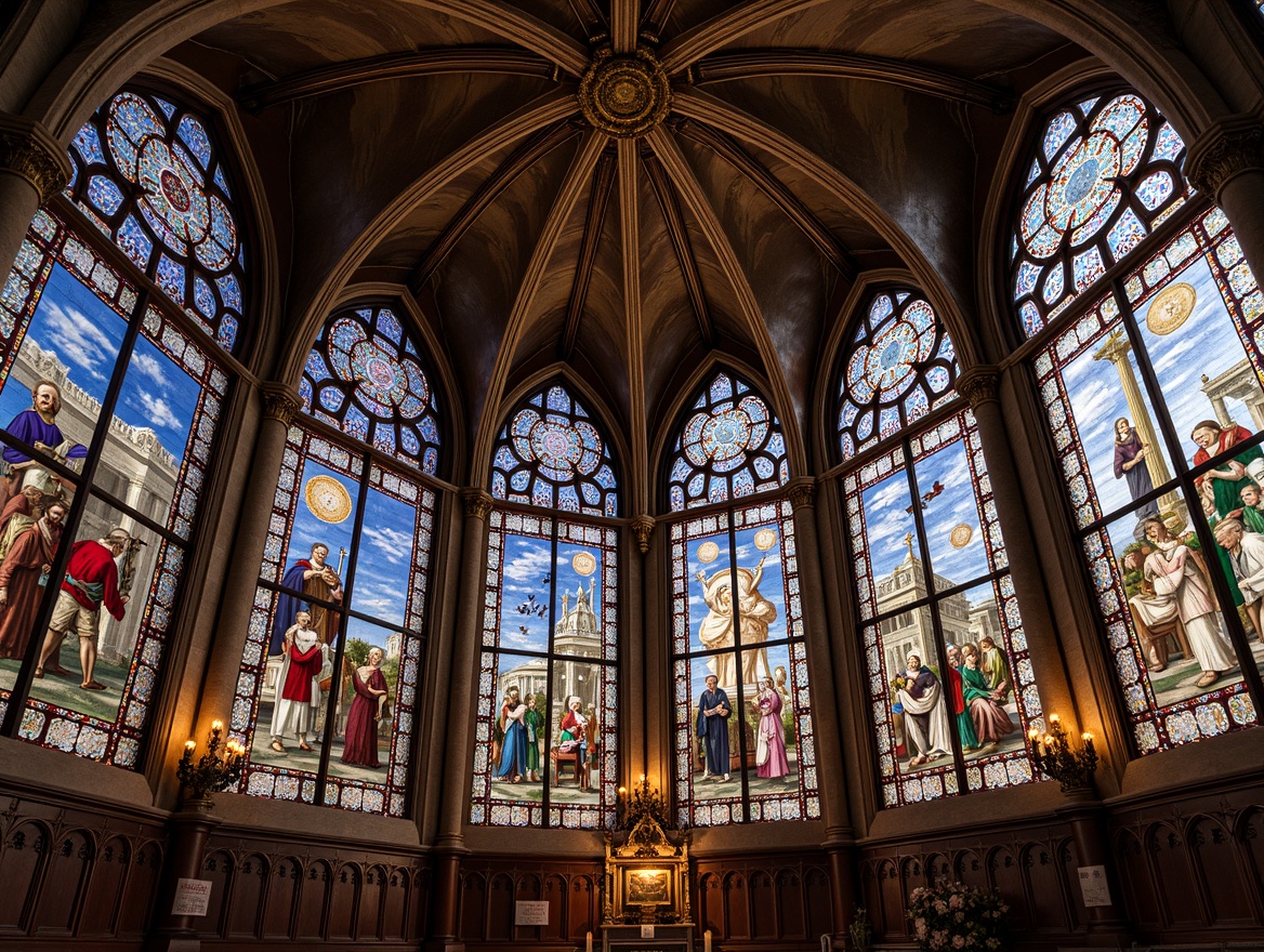 Prompt: Intricate stained glass windows, vivid biblical scenes, ornate Gothic arches, grandiose cathedral ceilings, richly colored frescoes, ornamental stone carvings, intricate marble patterns, serene holy atmosphere, warm soft light filtering, dramatic chiaroscuro effects, 1/1 composition, realistic reflections, ambient occlusion.