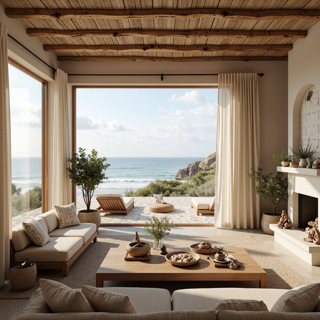 Prompt: Soft beachy atmosphere, calming ocean views, woven sea grass textures, driftwood accents, natural fiber fabrics, linen upholstery, distressed wood furniture, shells and pebbles decorations, coral-inspired patterns, light airy curtains, sheer white drapes, warm beige walls, sandy neutrals, weathered stone fireplaces, vintage nautical elements, soft focus photography, 1/2 composition, warm golden lighting, subtle shadows.