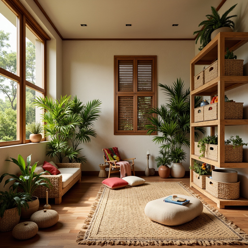 Prompt: Vibrant tropical storage room, rattan woven baskets, natural wood shelves, woven fiber rugs, potted palm trees, exotic floral arrangements, warm beige walls, large windows with plantation shutters, soft diffused lighting, 1/1 composition, realistic textures, ambient occlusion, modern minimalist decor, sleek metal accents, colorful ceramic vases, woven bamboo storage bins, aromatic essential oils, calming ambiance, serene atmosphere.