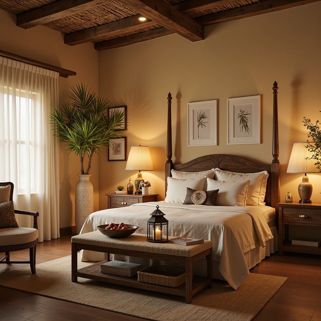 Prompt: Cozy Mediterranean-style bedroom, warm beige walls, rustic wooden furniture, soft cream-colored bedding, ornate metal lanterns, ambient warm lighting, table lamps with woven rattan shades, floor lamps with creamy glass diffusers, candles in mercury glass holders, natural textiles, woven baskets, distressed wood accents, ocean-inspired color palette, calming atmosphere, shallow depth of field, 1/1 composition, soft focus, warm glow.