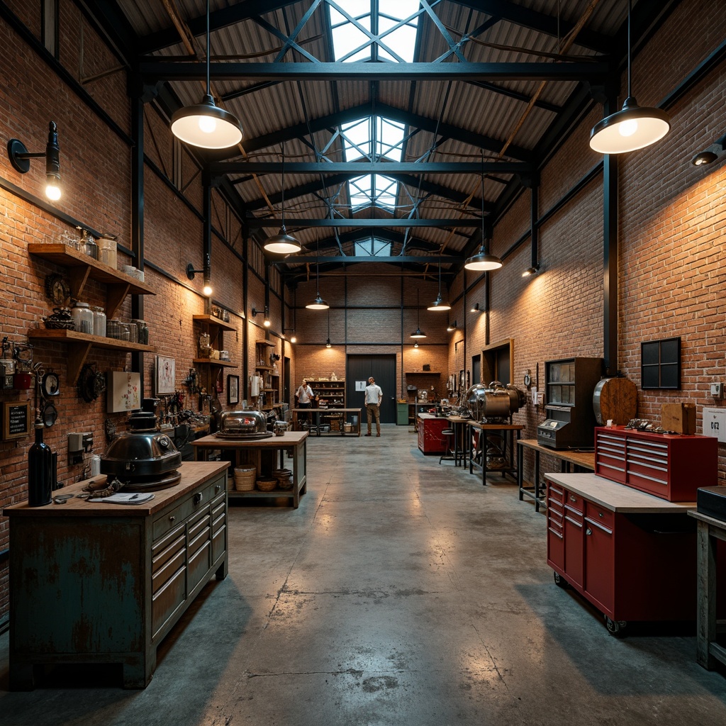 Prompt: Industrial workshop interior, exposed brick walls, metallic machinery, steel beams, concrete floors, industrial-style lighting fixtures, functional workstations, toolboxes, welding equipment, mechanical devices, earthy tones, muted colors, rusty reds, deep blues, weathered wood accents, distressed finishes, warm overhead lighting, high-contrast shadows, 2/3 composition, shallow depth of field, realistic textures.