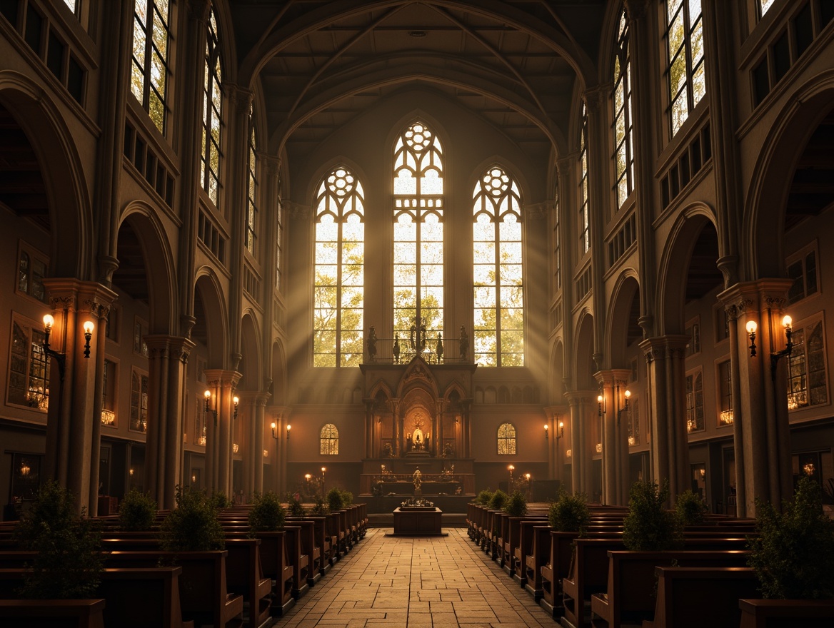 Prompt: Mysterious Gothic cathedral, dramatic vaulted ceilings, grandiose stained glass windows, intricate stone carvings, ornate wooden furnishings, eerie candlelight, warm golden tones, high contrast shadows, atmospheric fog, misty daybreak, cinematic low-key lighting, 1/2 composition, Dutch angle shot, high dynamic range, realistic ambient occlusion.