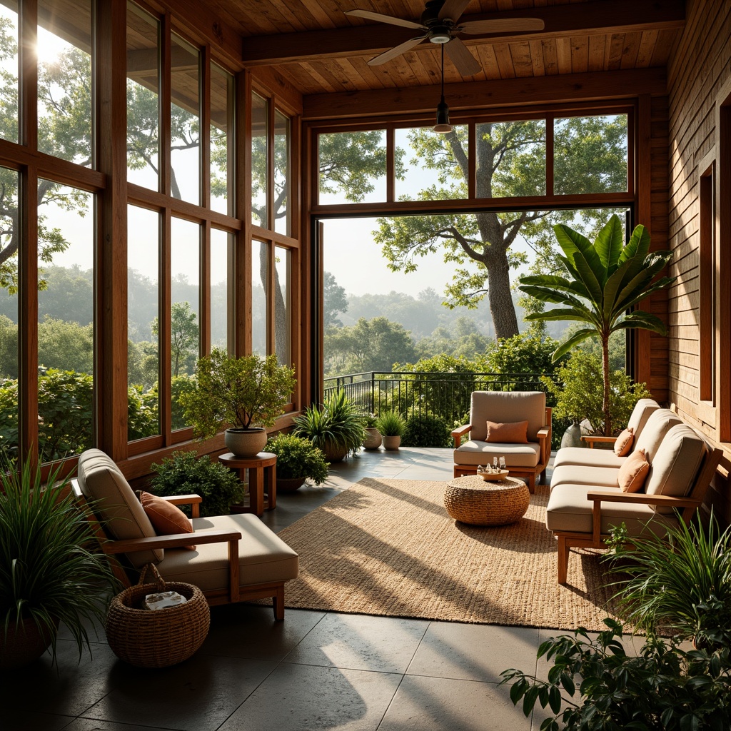 Prompt: Cozy sunroom, warm natural light, comfortable seating area, lush greenery, tropical plants, wooden accents, ceramic tiles, stone flooring, soft plush carpet, ambient lighting, sliding glass doors, panoramic views, nature-inspired colors, textured rugs, woven baskets, earthy tone, organic feel, inviting atmosphere.