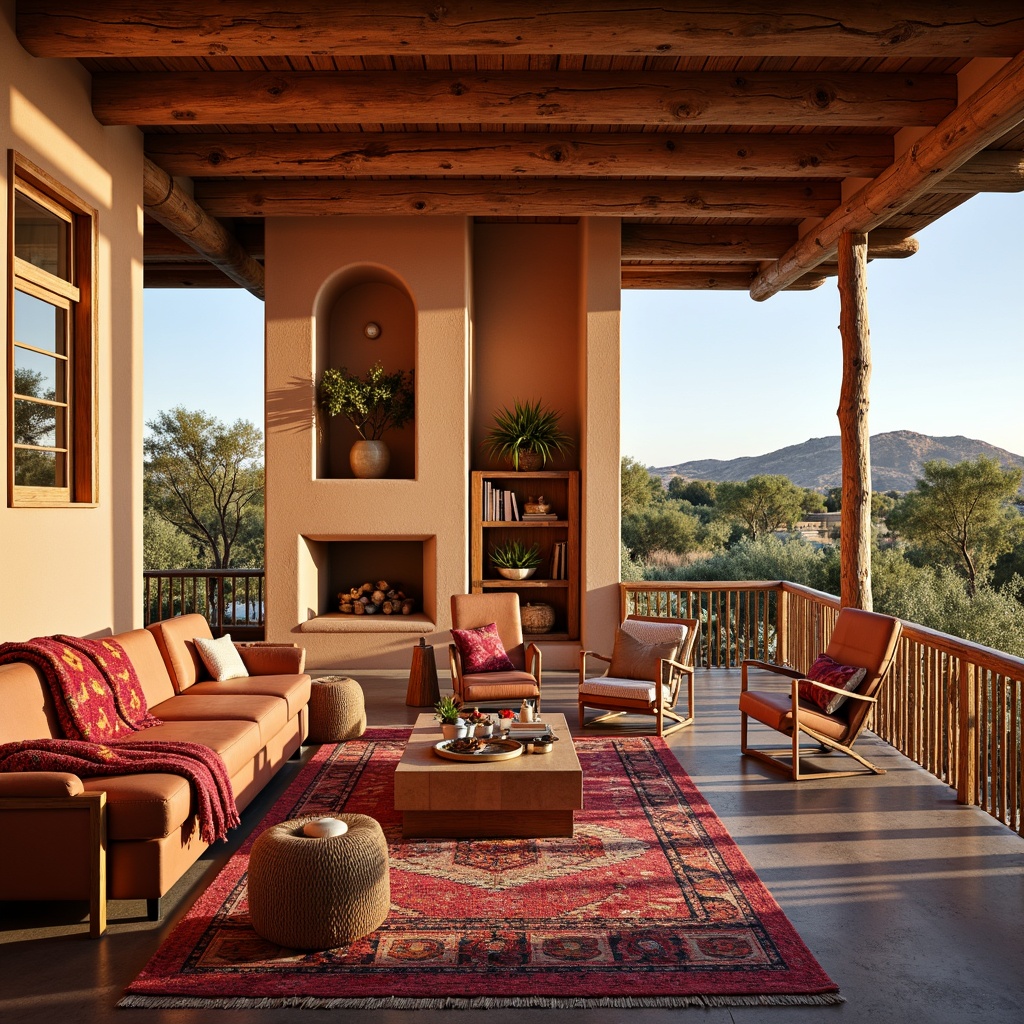 Prompt: Vibrant southwestern-style family room, warm earthy tones, bold geometric patterns, colorful woven textiles, plush throw blankets, rustic wooden furniture, natural stone fireplace, cozy reading nook, floor-to-ceiling windows, panoramic desert view, soft warm lighting, shallow depth of field, 1/1 composition, realistic textures, ambient occlusion.