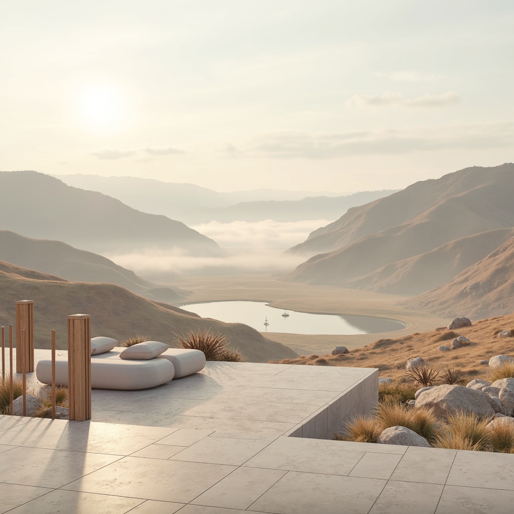 Prompt: Soft pastel hues, calming atmosphere, serene landscape, gentle rolling hills, misty morning light, warm beige tones, soothing blue undertones, natural wood textures, earthy terracotta accents, creamy white marble, subtle gradient effects, 3D rendered visuals, realistic material reflections, shallow depth of field, 1/2 composition, warm soft focus, ambient occlusion.