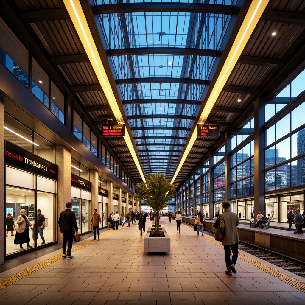 Prompt: Vibrant train station, modern architectural design, sleek metal structures, large glass windows, bright LED lighting, urban cityscape, bustling atmosphere, warm beige tones, deep blue accents, energetic yellow highlights, bold red signage, natural stone flooring, metallic textures, industrial chic decor, shallow depth of field, 1/1 composition, realistic rendering, ambient occlusion.