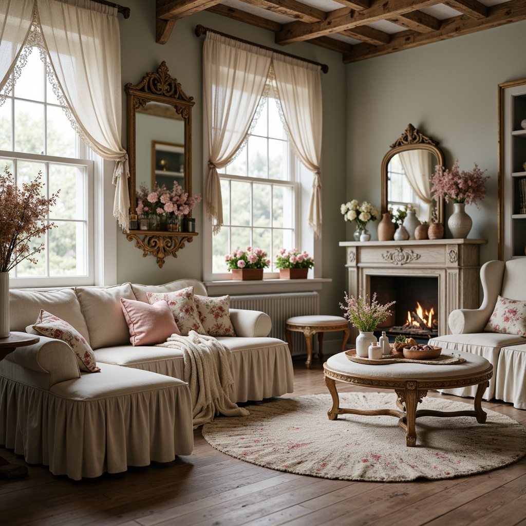 Prompt: Distressed vintage furniture, soft pastel colors, romantic florals, lace curtains, ruffled fabrics, velvet pillows, rustic wooden accents, ornate mirrors, antique decorative items, natural linen textures, subtle embroidery patterns, delicate china vases, warm candlelight, 1/1 composition, shallow depth of field, soft focus, gentle bokeh, realistic fabric simulations.