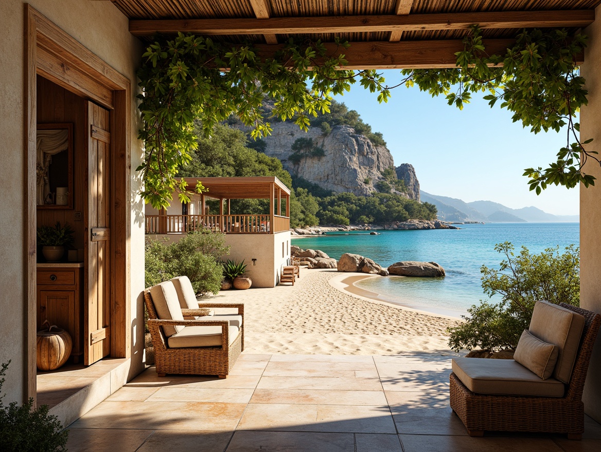 Prompt: Warm sandy beach, clear turquoise water, rustic stone walls, distressed wooden doors, ornate metal railings, vibrant bougainvillea flowers, lush greenery, natural sea salt textures, soft warm lighting, shallow depth of field, 3/4 composition, panoramic view, realistic renderings, ambient occlusion, earthy color palette, weathered wood accents, woven wicker furniture, colorful ceramic tiles, intricate mosaic patterns.